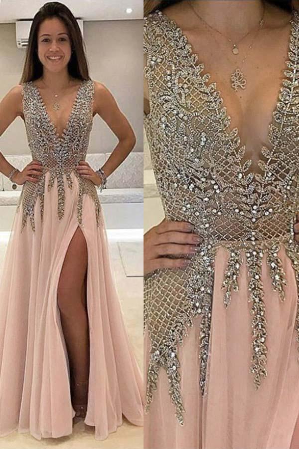 Deep V-Neck Sweep Train Sleeveless Pink Tulle Prom Dress with Beading PG453 - Tirdress