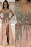 Deep V-Neck Sweep Train Sleeveless Pink Tulle Prom Dress with Beading PG453 - Tirdress