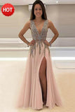 Deep V-Neck Sweep Train Sleeveless Pink Tulle Prom Dress with Beading PG453
