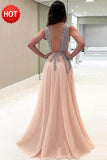 Deep V-Neck Sweep Train Sleeveless Pink Tulle Prom Dress with Beading PG453 - Tirdress