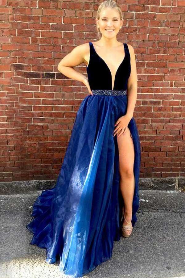 Deep V-Neck Sweep Train Split Royal Blue Organza Beaded Prom Dress PG480 - Tirdress
