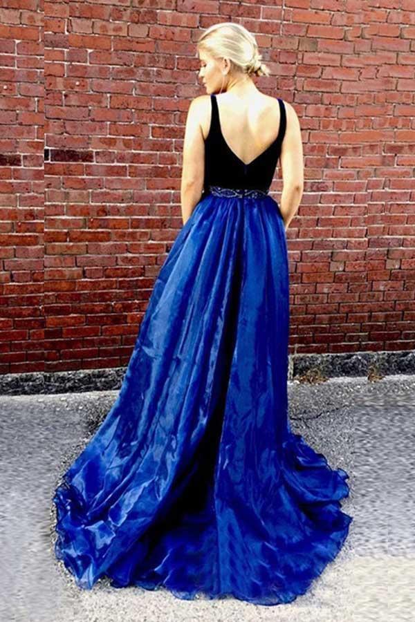 Deep V-Neck Sweep Train Split Royal Blue Organza Beaded Prom Dress PG480 - Tirdress