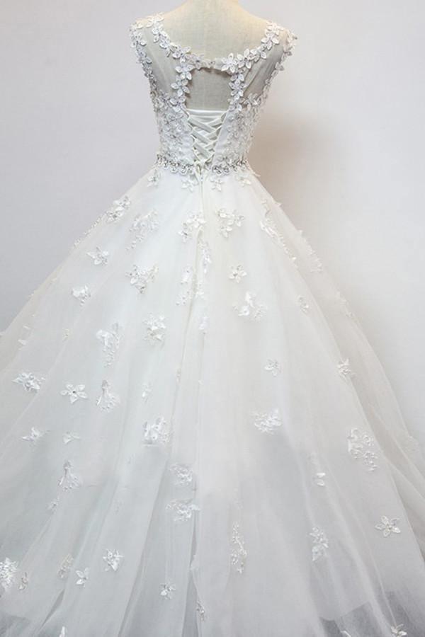 Delicate Scoop Cap Sleeves Floor-Lenth Wedding Dress With Beading TN0081 - Tirdress
