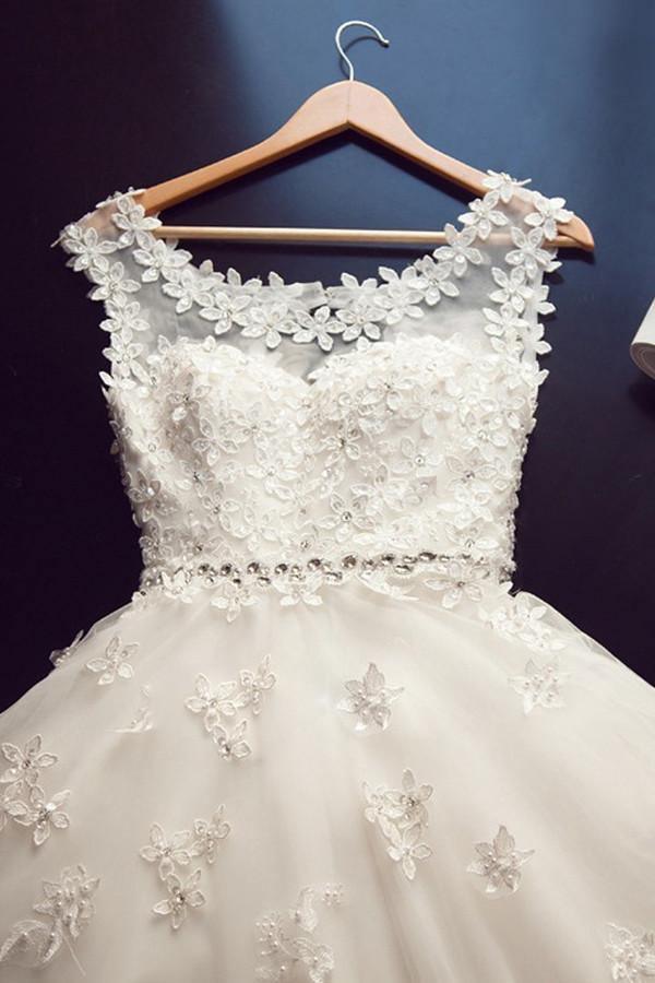 Delicate Scoop Cap Sleeves Floor-Lenth Wedding Dress With Beading TN0081 - Tirdress