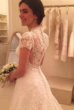 Delicate Scoop Short Sleeves Long Lace Wedding Dress Illusion Back TN0091 - Tirdress