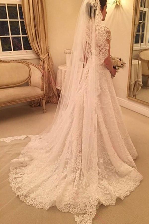 Delicate Scoop Short Sleeves Long Lace Wedding Dress Illusion Back TN0091 - Tirdress