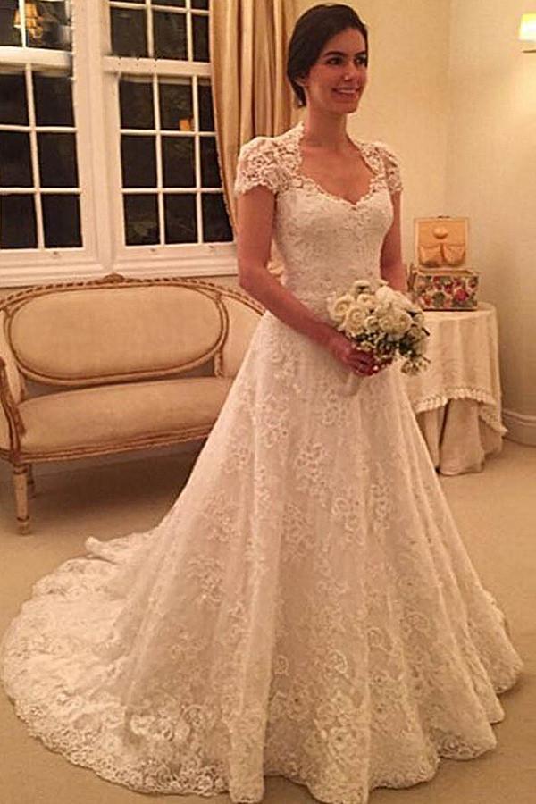 Delicate Scoop Short Sleeves Long Lace Wedding Dress Illusion Back TN0091 - Tirdress