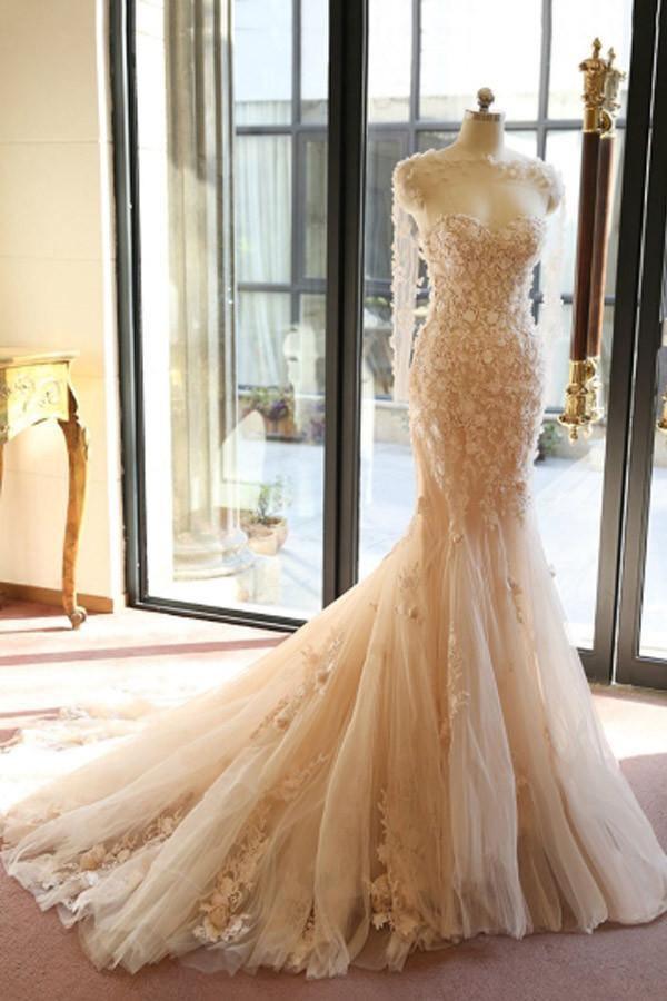 Designer Open Back Sheer Flowers Long Sleeve Mermaid Wedding Dress WD101 - Tirdress