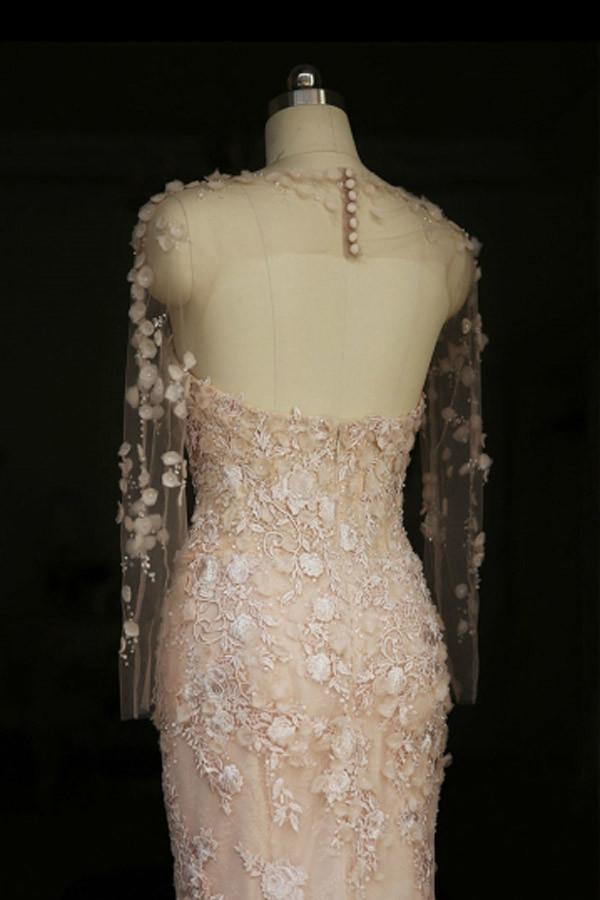 Designer Open Back Sheer Flowers Long Sleeve Mermaid Wedding Dress WD101 - Tirdress