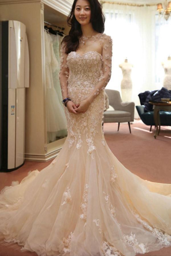 Designer Open Back Sheer Flowers Long Sleeve Mermaid Wedding Dress WD101 - Tirdress