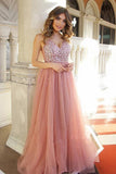 Dusty Rose Tulle Beaded Long Prom Dress with Lace Up Back TP0816