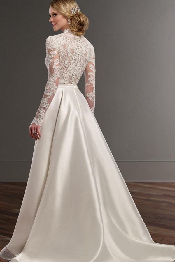 Elegant A-Line V-Neck Long Sleeves Ivory Floor Length Wedding Dress TN165 - Tirdress