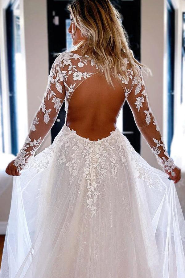 Long Sleeve A-line Wedding Dress With Open Back