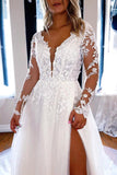 Elegant A-line V Neck Lace Wedding Dresses With Long Sleeves TN296 - Tirdress