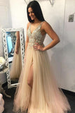 V-Neck Beading Tulle Long Prom Dress Junior Split Evening Party Dress TP0897 - Tirdress