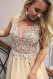 V-Neck Beading Tulle Long Prom Dress Junior Split Evening Party Dress TP0897 - Tirdress