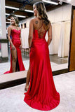 Elegant Red Straps Corset Back Long Prom Evening Dress with Slit TP1185 - Tirdress