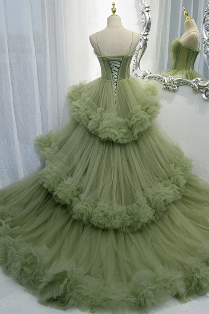 Elegant Straps Pleated Green Tiered Tulle Prom Formal Dress TP1148 - Tirdress