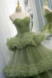 Elegant Straps Pleated Green Tiered Tulle Prom Formal Dress TP1148 - Tirdress