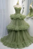 Elegant Straps Pleated Green Tiered Tulle Prom Formal Dress TP1148