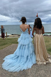 Elegant Tulle Ball Gown V Neck Side Split Layered Long Prom Dress TP1190 - Tirdress