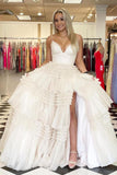 Élégante robe de bal en tulle col en V côté fendu en couches longue robe de bal TP1190