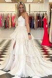 Elegant Tulle Ball Gown V Neck Side Split Layered Long Prom Dress TP1190 - Tirdress