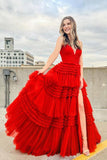 Elegant Tulle Ball Gown V Neck Side Split Layered Long Prom Dress TP1190 - Tirdress