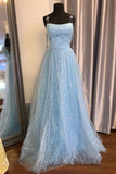 Elegant A-Line Straps Light Blue Long Prom Dress With Stars TP1126