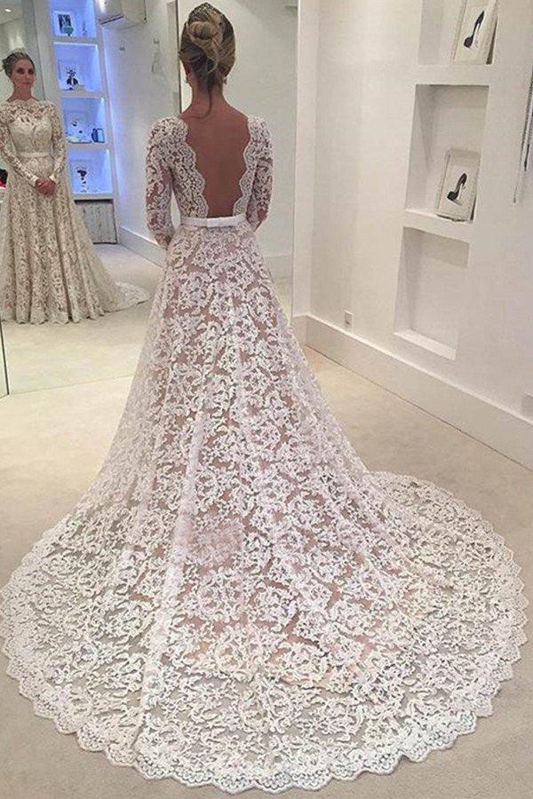 Elegant A-line Lace Backless Wedding Dress With Court Train TN0023 - Tirdress