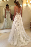 Elegantes A-Linien-Hochzeitskleid aus Spitze mit V-Ausschnitt und Tüll mit Applikationen TN210