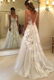 Elegant A-line Lace V-neck Tulle Long Wedding Dress with Appliques TN210 - Tirdress