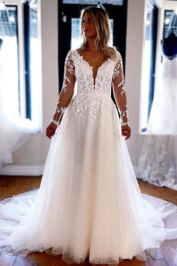 Elegant A-line V Neck Lace Wedding Dresses With Long Sleeves TN296 US18 / Custom Color Elegant A-line V Neck Lace Wedding Dresses With Long Sleeves TN296 US18 / Custom Color