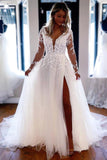 Elegante A-Linien-Hochzeitskleider aus Spitze mit V-Ausschnitt und langen Ärmeln TN296