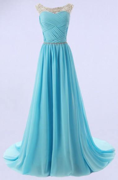 Elegant A-line Scoop Sweep-train Bridesmaid Dress With Beading TY0005 - Tirdress