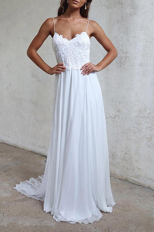 Elegant A-line Straps White Long Chiffon Beach Wedding Dress WD102 - Tirdress