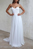 Elegantes, weißes, langes Chiffon-Strandhochzeitskleid mit Trägern in A-Linie WD102