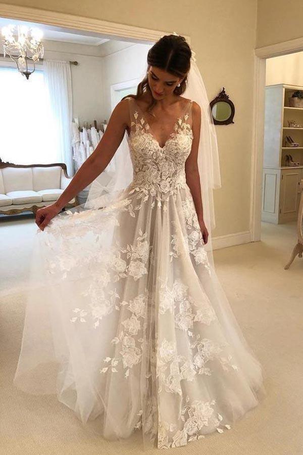 Elegant A-Line V-Neck Tulle Floor Length with Lace Appliques TN171 US6 / As Picture Elegant A-Line V-Neck Tulle Floor Length with Lace Appliques TN171 US6 / As Picture