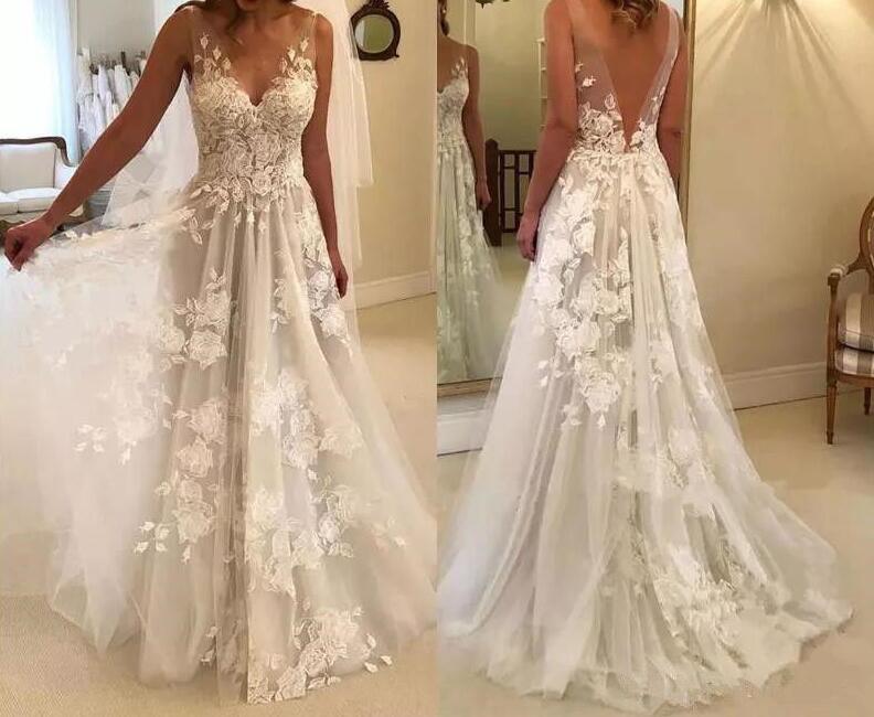 Elegant A-line V-neck Tulle Floor Length Wedding Dresses With Lace Appliques TN171 - Tirdress