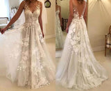 Elegant A-line V-neck Tulle Floor Length Wedding Dresses With Lace Appliques TN171 - Tirdress
