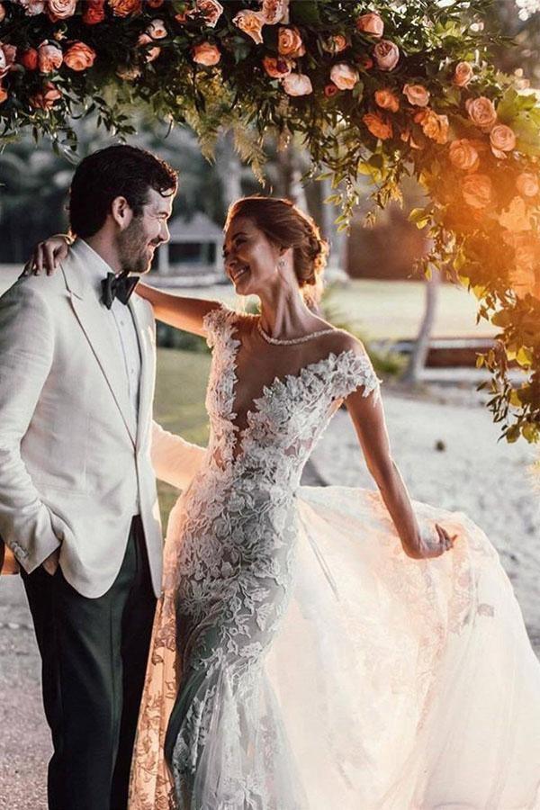 Elegant Mermaid Wedding Dresses Tulle Appliqued Bridal Gowns TN239 - Tirdress