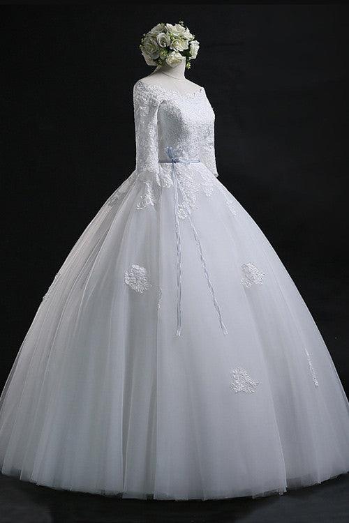 Elegant Ball Gown Bateau Long Tulle Wedding Dress With Lace TN0018 - Tirdress