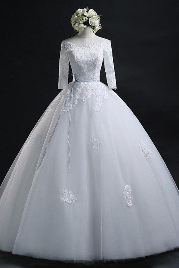 Elegant Ball Gown Bateau Long Tulle Wedding Dress With Lace TN0018 - Tirdress