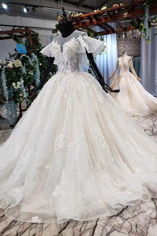 Elegant Ball Gown Big Wedding Dresses, Appliques Bridal Dress with Short Sleeves TN185 - Tirdress