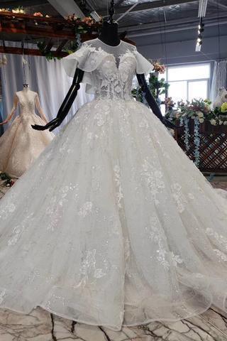 Elegant Ball Gown Big Wedding Dresses, Appliques Bridal Dress with Short Sleeves TN185 - Tirdress