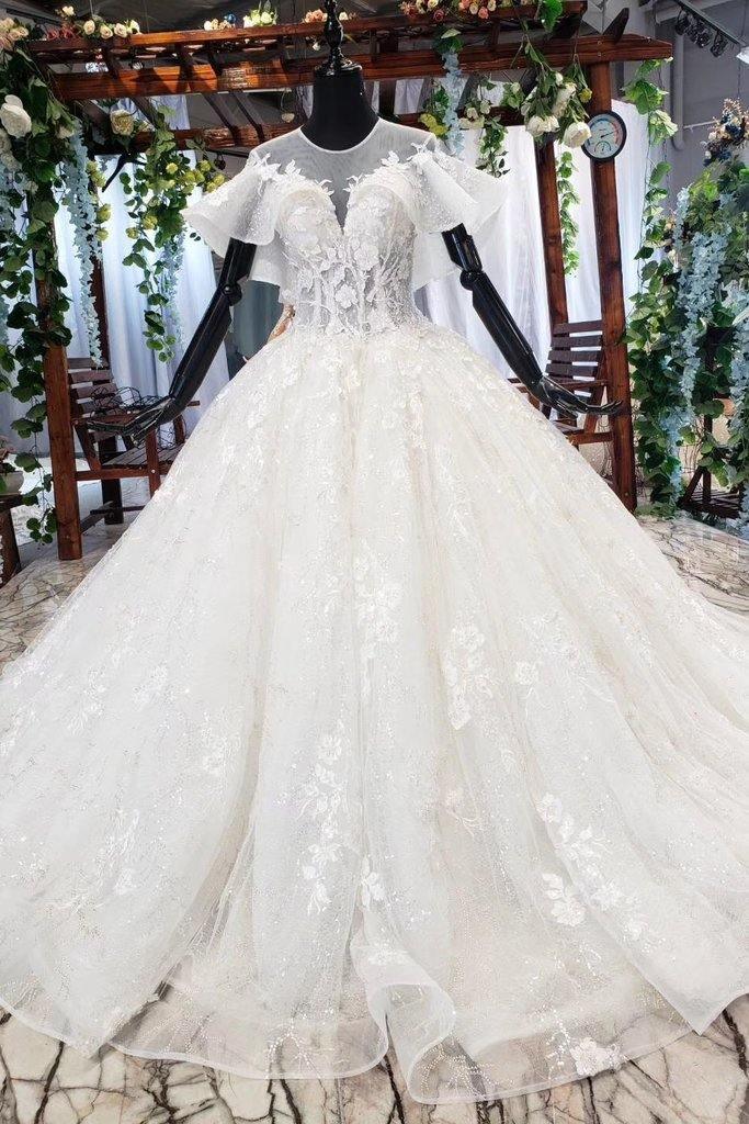 Elegant Ball Gown Big Wedding Dresses, Appliques Bridal Dress with Short Sleeves TN185 - Tirdress