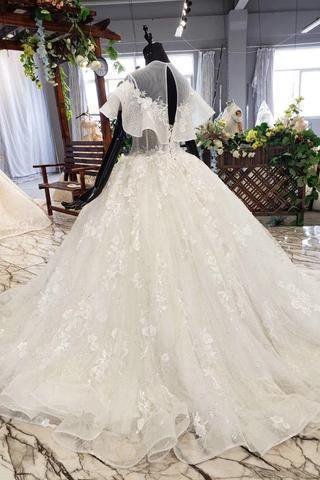 Elegant Ball Gown Big Wedding Dresses, Appliques Bridal Dress with Short Sleeves TN185 - Tirdress