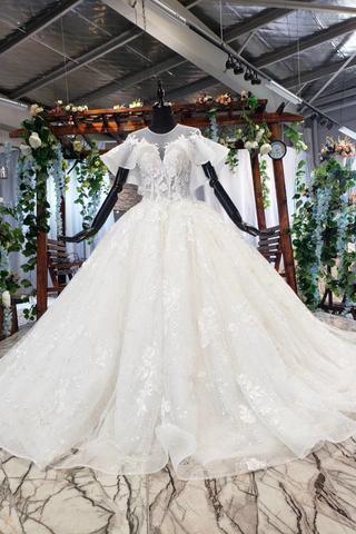 Elegant Ball Gown Big Wedding Dresses, Appliques Bridal Dress with Short Sleeves TN185 - Tirdress