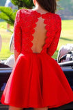 Elegant Bateau A-line Half Sleeves Short Red Lace Homecoming Dress TR0044 - Tirdress