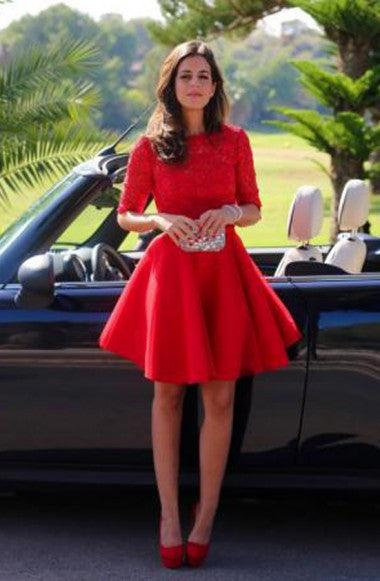 Elegant Bateau A-line Half Sleeves Short Red Lace Homecoming Dress Tirdress Elegant Bateau A-line Half Sleeves Short Red Lace Homecoming Dress Tirdress